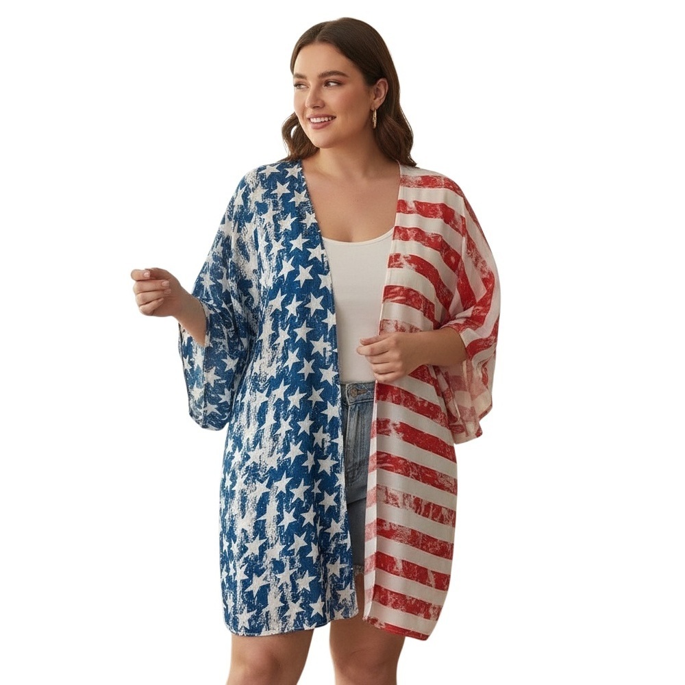 BOUTIQUE 2X Red White Blue Stars Stripes USA Flag Cardigan Cover Up